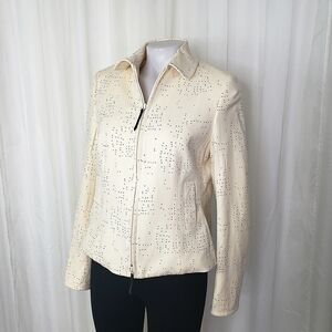 Akris Punto wool blend cream white and black polka dot zip up jacket size 10